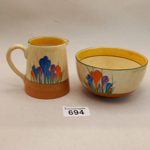 694 - Clarice Cliff Sugar Bowl - D11cm - very small chip to paint on the rim plus Clarice Cliff Milk Jug H... 