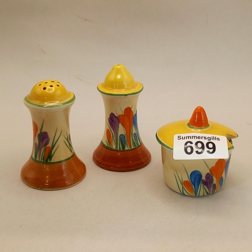 699 - Clarice Cliff crocus pattern salt and pepper shakers H9cm plus small jam pot