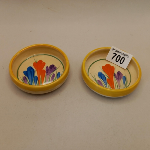 700 - x2 Clarice Cliff crocus pattern pin tray (1 slight damage) D9cm