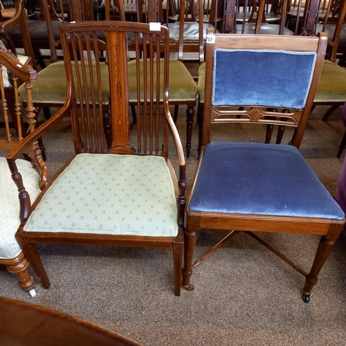 707 - Edwardian inlaid armchair plus hall chair with blue velvet seat