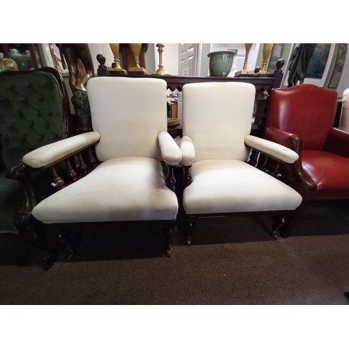 724 - 2 x Edwardian Armchairs, Cream fabric, one slightly larger