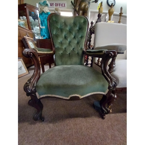 725 - Green button back Victorian armchair