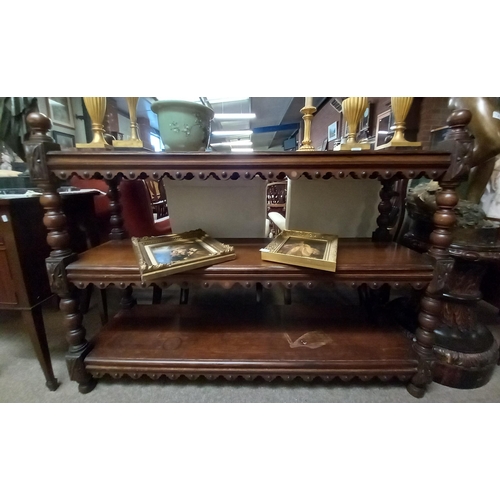 730 - Carved Oak Serving sideboard W153cm x D41cm x H115cm - Slight water stains on some of the shelves