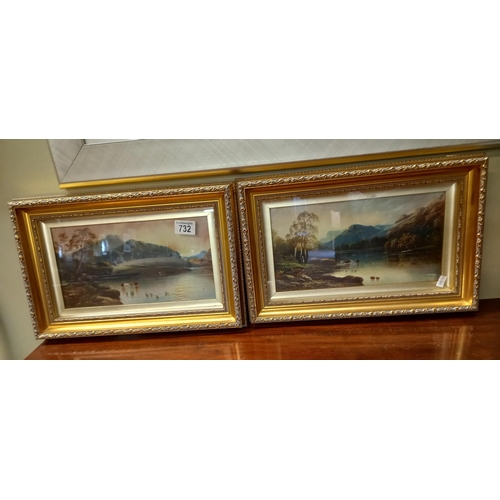 732 - X2 signed Victorian Oils of cattle in a lake W31cm x H15cm