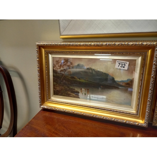 732 - X2 signed Victorian Oils of cattle in a lake W31cm x H15cm