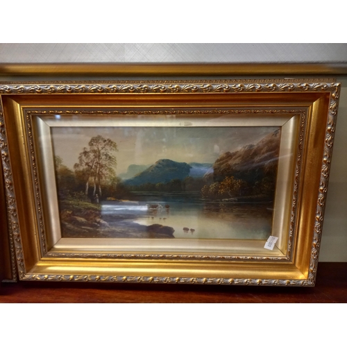 732 - X2 signed Victorian Oils of cattle in a lake W31cm x H15cm