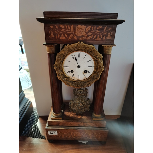 625 - French inlaid Portio Mantle Clock - Damage to face and rear foot. Hand missing. With Key