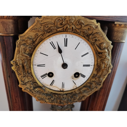 625 - French inlaid Portio Mantle Clock - Damage to face and rear foot. Hand missing. With Key