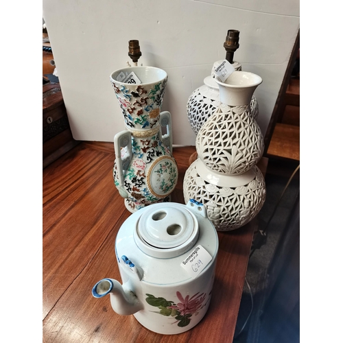 629 - 3 x Creamware items, Chinese teapot with flower design and antique Oriental vase