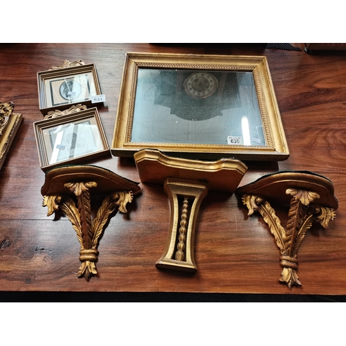 630 - Regency gilt framed mirror and 3 gilt wall sconce shelves