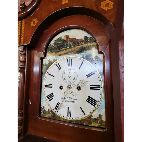 651 - An 8 day long case clock in mahogany with stringing by B Thomas Carmarthen