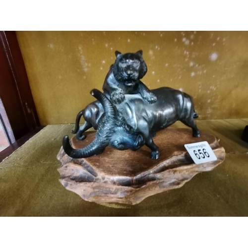 656 - A Japanese Bronze of Tiger attacking a Water Buffalo W20cm