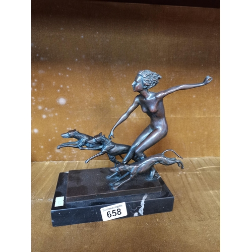 658 - Female nude with dogs bronze signed Lorenzl (not authenticated)