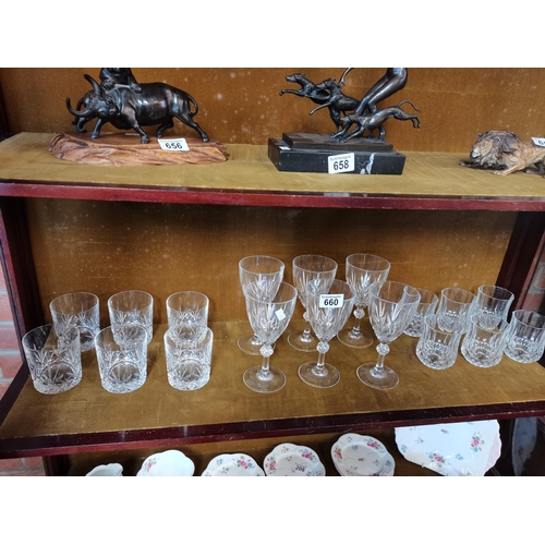 660 - 3 sets of 6 cut glass ware - 6 wine glasses, 6 tumblers, 6 smaller glasses all VGC