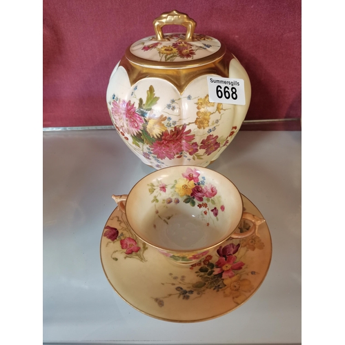 668 - Royal Worcester blush ivory Melon cracker jar/biscuit barrel plus 2 handled cup and saucer