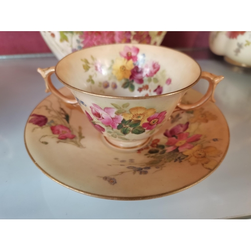 668 - Royal Worcester blush ivory Melon cracker jar/biscuit barrel plus 2 handled cup and saucer