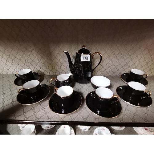 685 - Spode Black & Gold Coffee set including Coffee pot, Milk Jug, Sugar Bowl, x6 cups and saucers