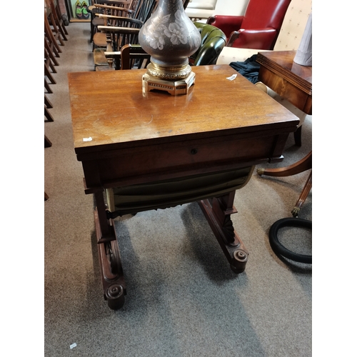 689 - Antique mahogany sewing table with highly decorative carved decoration W60cm x D46cm x H76cm