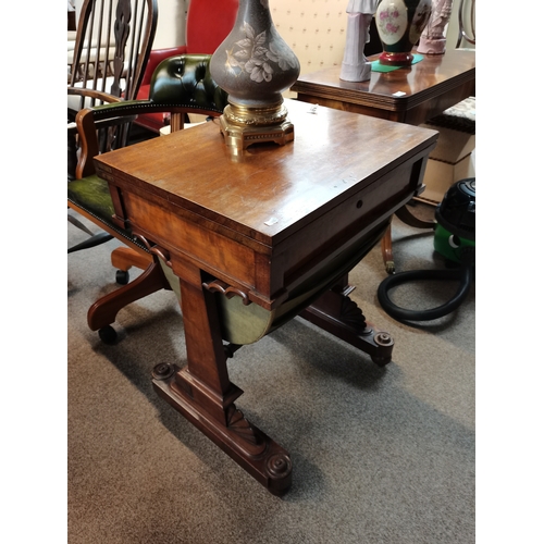 689 - Antique mahogany sewing table with highly decorative carved decoration W60cm x D46cm x H76cm