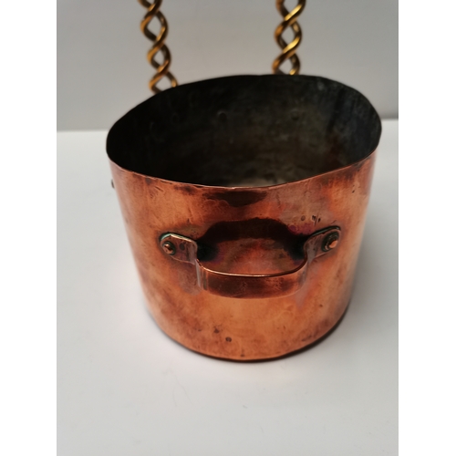 70 - French Copper Sauté Pan 25cm x 17cm  plus 2 brass candle sticks