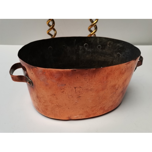 70 - French Copper Sauté Pan 25cm x 17cm  plus 2 brass candle sticks