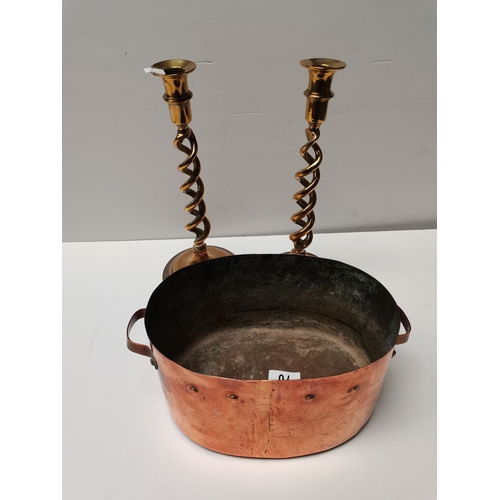 70 - French Copper Sauté Pan 25cm x 17cm  plus 2 brass candle sticks