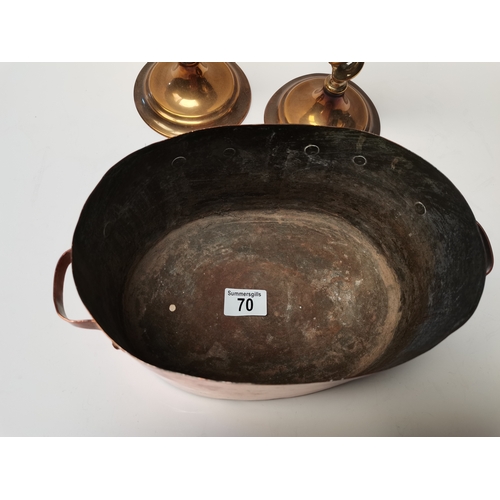 70 - French Copper Sauté Pan 25cm x 17cm  plus 2 brass candle sticks