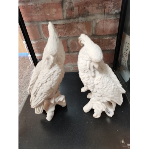 136 - Pair of White ceramic Dilettanti Parrots 28cm Ht