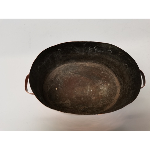 70 - French Copper Sauté Pan 25cm x 17cm  plus 2 brass candle sticks