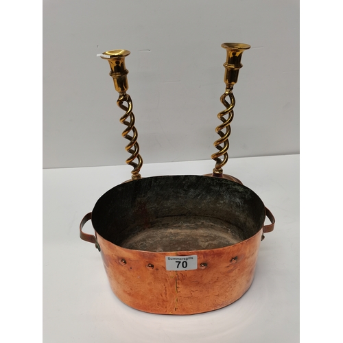 70 - French Copper Sauté Pan 25cm x 17cm  plus 2 brass candle sticks