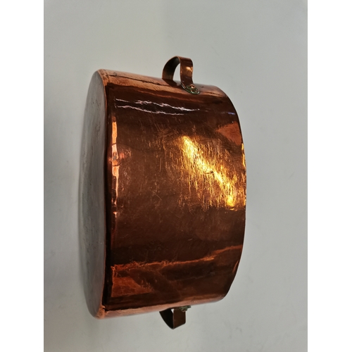 70 - French Copper Sauté Pan 25cm x 17cm  plus 2 brass candle sticks