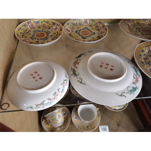 199 - 15 pce Chinese highly decorated tea set with 3 character marks.  (Chip to one plate and slight chip ... 