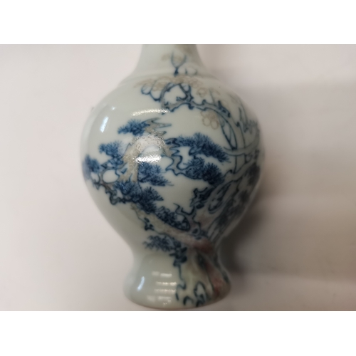 128 - Small Chinese Blue and White vase with waterfall and floral decoration character marks on base - H14... 