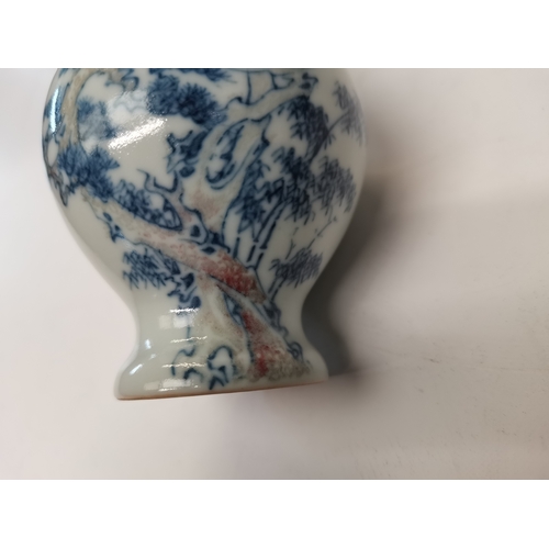 128 - Small Chinese Blue and White vase with waterfall and floral decoration character marks on base - H14... 