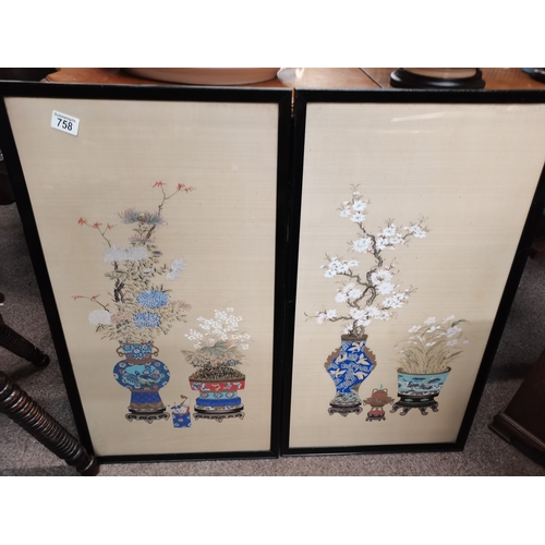 758 - A pair of Chinese silk watercolour paintings of birds in trees