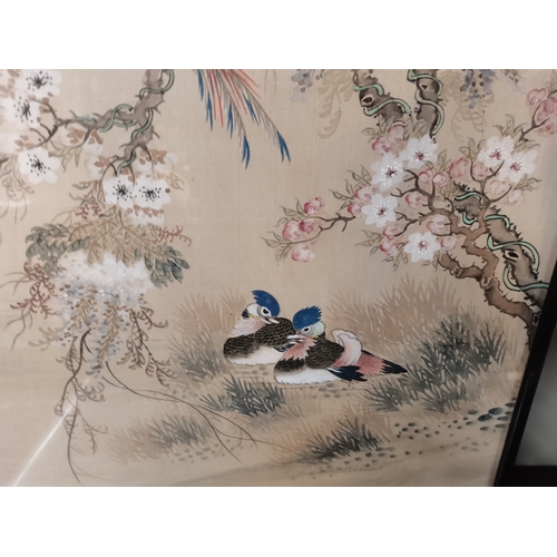 756 - A pair of Chinese silk watercolour paintings of birds in trees