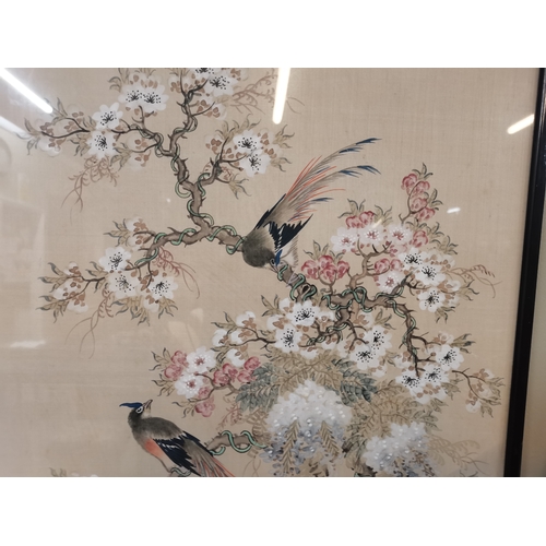 756 - A pair of Chinese silk watercolour paintings of birds in trees