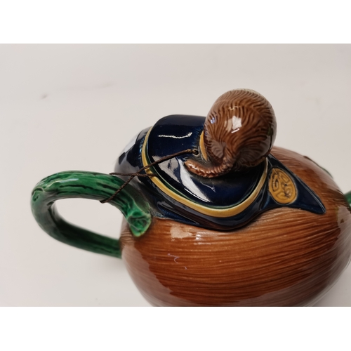 156 - Antique Joseph Holdcroft Majolica Teapot of Chinese boy on a coconut, plus 2 other teapot and sugar ... 