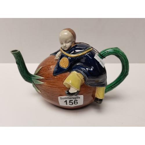 156 - Antique Joseph Holdcroft Majolica Teapot of Chinese boy on a coconut, plus 2 other teapot and sugar ... 