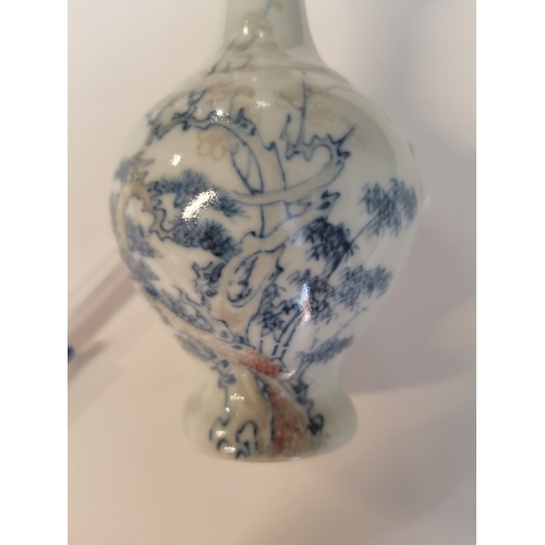 128 - Small Chinese Blue and White vase with waterfall and floral decoration character marks on base - H14... 