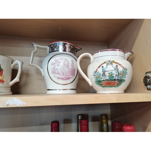 331 - x3 Vintage Sunderland Jug (1 broken spout) plus Staffordshire surprise mug and Cider Frog mug,