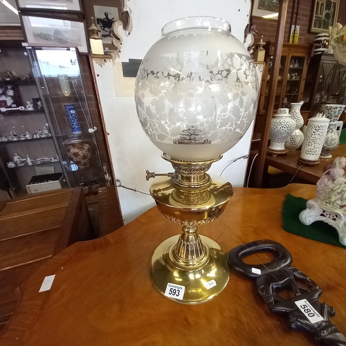 593 - Brass Oil lamp with etched glass shade H47cm some slight chips on rim of the glass