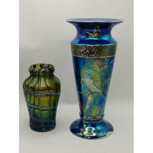 119 - A Maling lustre vase with kingfisher decoration plus a green glass loetz style vase