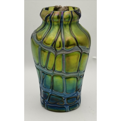 119 - A Maling lustre vase with kingfisher decoration plus a green glass loetz style vase