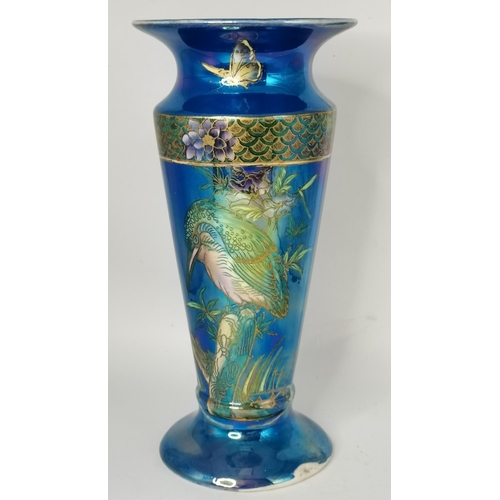 119 - A Maling lustre vase with kingfisher decoration plus a green glass loetz style vase