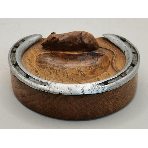 127 - Robert Thompson, a Mouseman oak pin dish, circular with a straight top side, fitted with a horseshoe... 