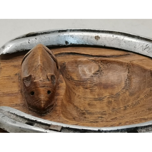 127 - Robert Thompson, a Mouseman oak pin dish, circular with a straight top side, fitted with a horseshoe... 