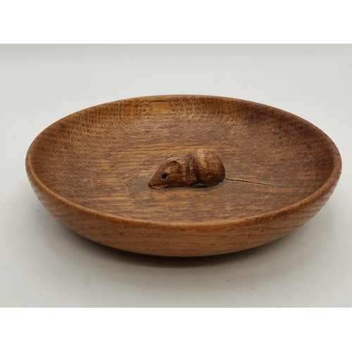 145 - Robert Thompson, a Mouseman oak nut dish, shallow circular, lightly adzed to interior, with carved m... 