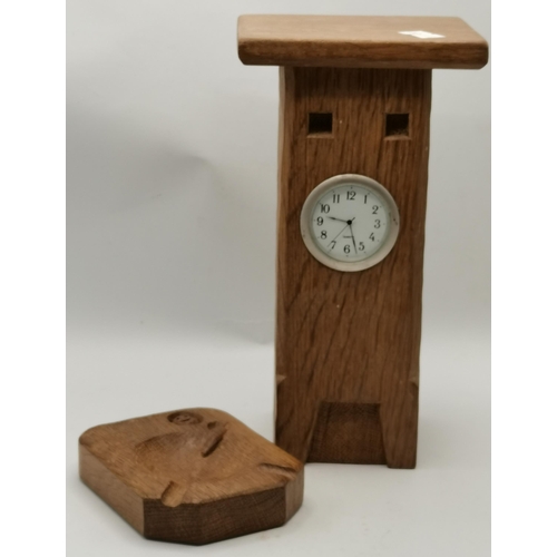 147 - Nigel Dixon, a Woodworm man oak clock, tall rectangular with flat square top; together with an ashtr... 