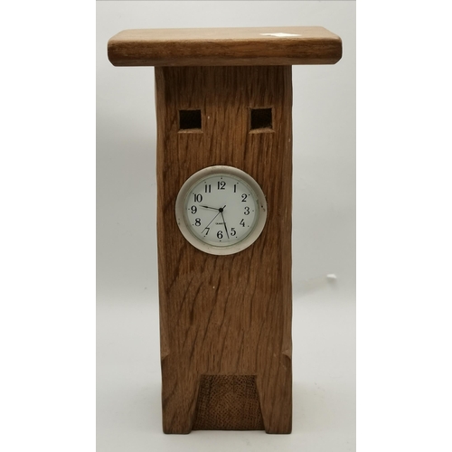 147 - Nigel Dixon, a Woodworm man oak clock, tall rectangular with flat square top; together with an ashtr... 